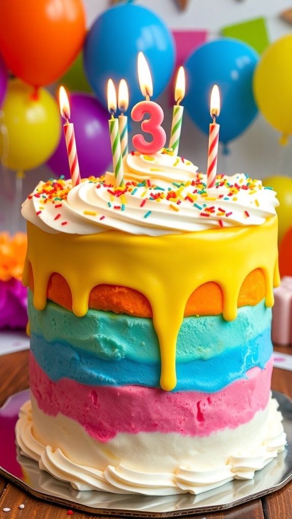 A festive ice cream cake with sprinkles and candles, perfect for a child